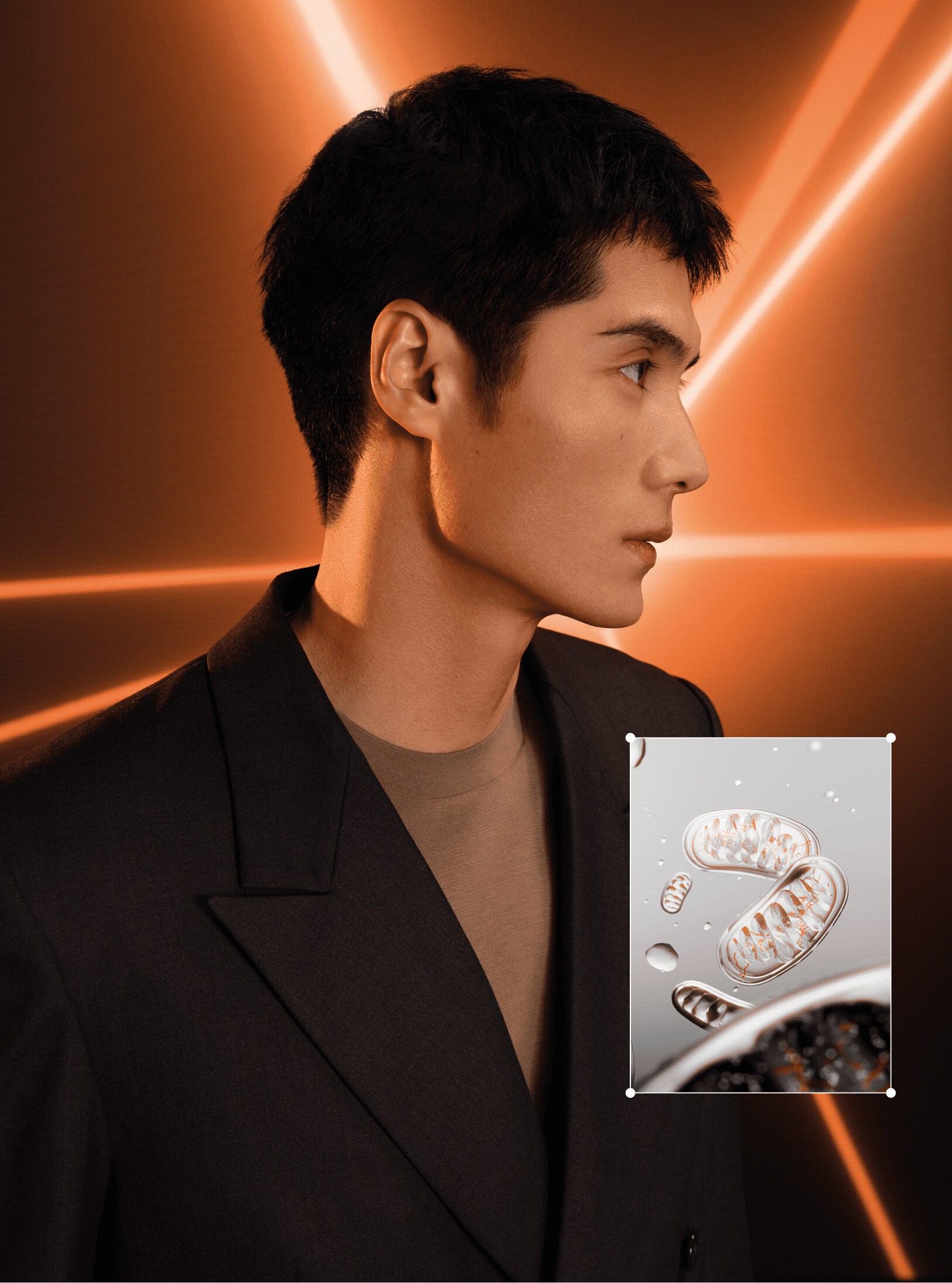 Profile figure beside floating skincare graphic