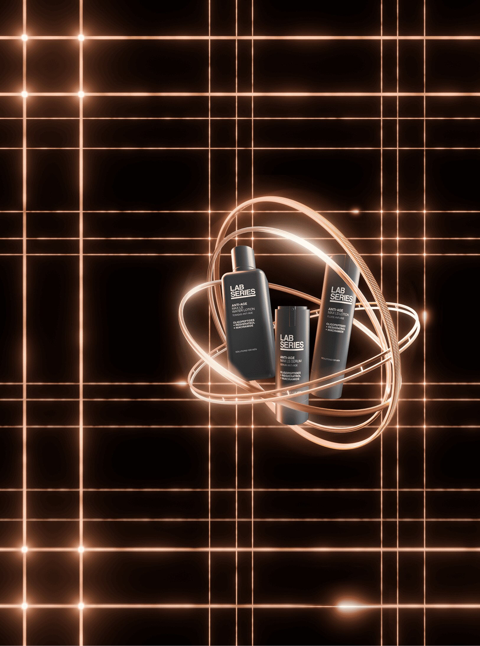 Anti‑age skincare bottles with glowing rings.